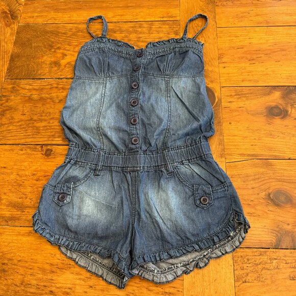 noble faded denim SHORTIE ROMPER w/ button down front & ruffle trim - Picture 1 of 4